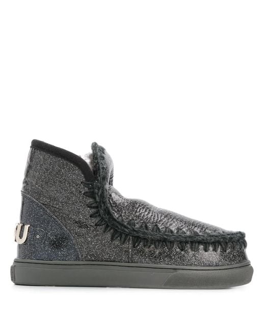 Mou Black Crochet Stitch-Trim Glitter Sneaker Boots