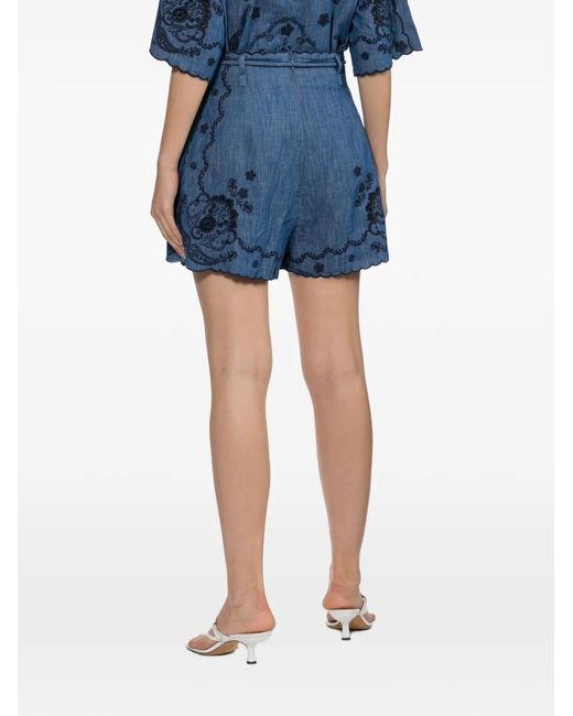 Zimmermann Blue Embroidered Scalloped-Edge Shorts