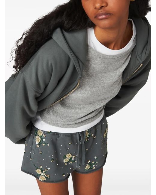 Miu Miu Gray Floral-Embroidered Cotton Shorts