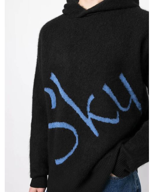 BLUE SKY INN Black Logo-Jacquard Knitted Hoodie for men