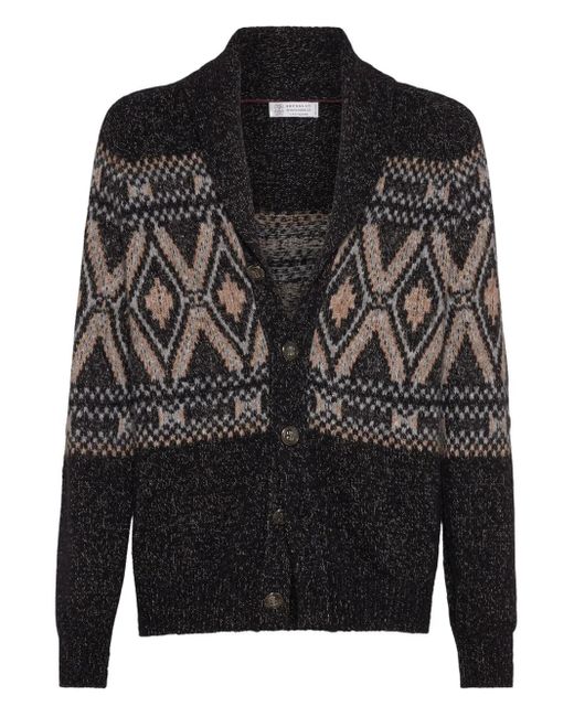 Brunello Cucinelli Black Shawl-Collar Patterned Cardigan for men