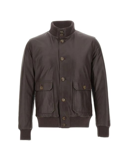Barba Napoli Gray Vermont Ribbed-Knit Trim Leather Jacket for men