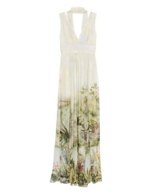 Elie Saab プリント シフォンロングドレス White