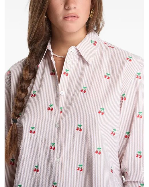 Mc2 Saint Barth White Meredith Cherry-Embroidered Stripe-Pattern Shirt