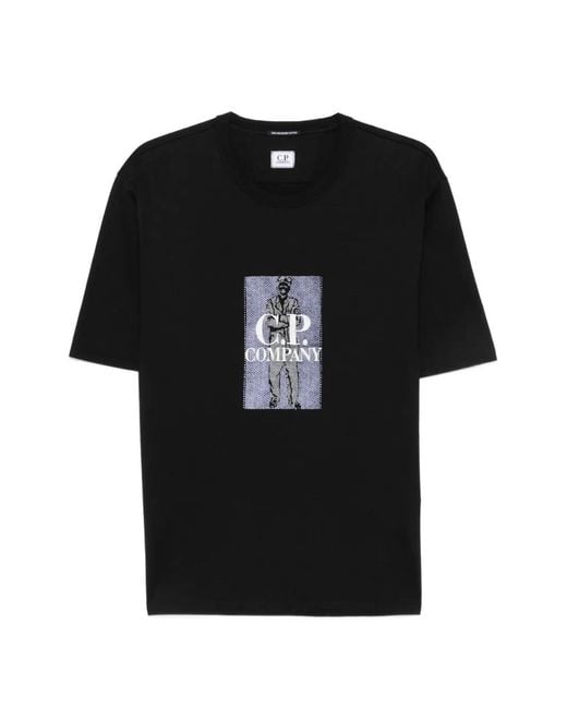 C P Company Black 30/2 Mercerized Jersey Twisted Short Sleeve Chest Logo T-Shirt for men