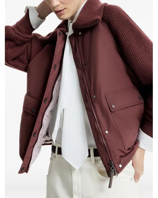Brunello Cucinelli Red Techno Cotton Taffeta And Virgin Wool, Cashmere And Silk Knit Down Jacket With Shiny Zipper Pull