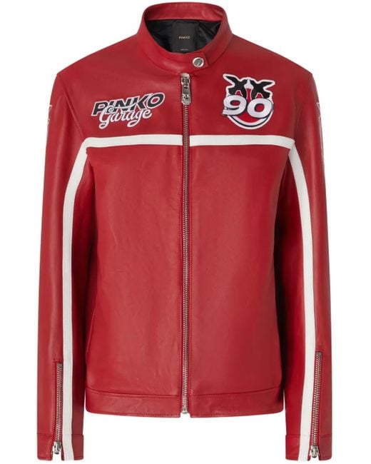 Pinko Red Logo Patch Leather Jacket