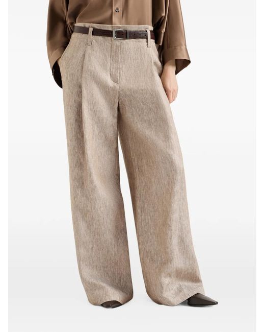 Brunello Cucinelli Natural Linen Denim Pleated A-Line Trousers With Monili