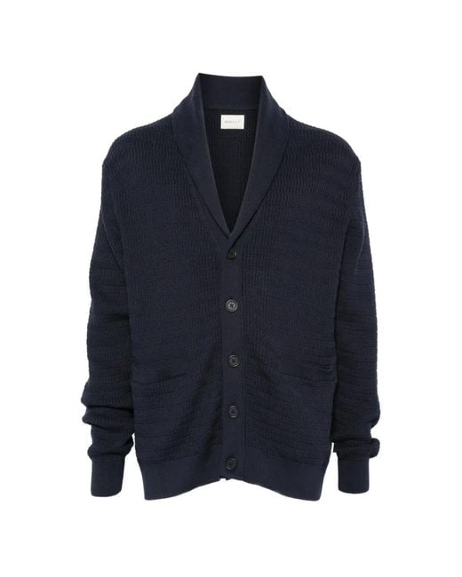 Gant Blue Shawl-Collar Waffle-Knit Cardigan for men
