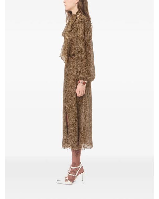 Valentino Garavani Natural Creponne Lamé Dress With Embroidered Fauve Eclat-Print