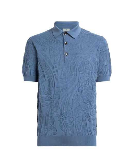Etro Blue Paisley-Motif Knit Cotton Polo Shirt for men