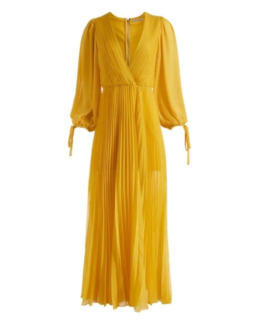 Alice + Olivia Yellow Nya Pleated V-Neck Maxi Day Dress