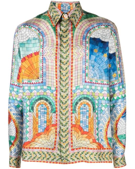 Casablancabrand Blue Mosaic De Damas-print Silk Shirt