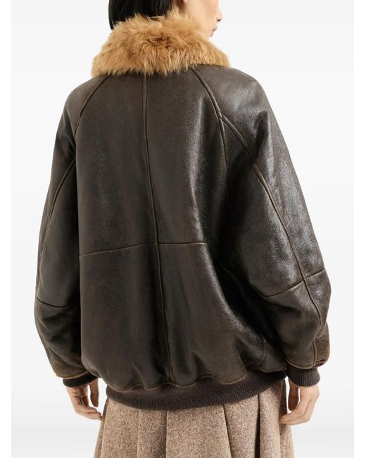 Brunello Cucinelli Brown Vintage-Effect Shearling Bomber Jacket With Shiny Zipper Pull
