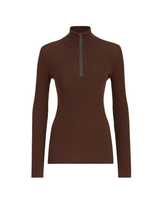 Brunello Cucinelli Brown Virgin Wool And Cashmere Lightweight Ribbed Turtleneck Sweater With Precious Half-Zip
