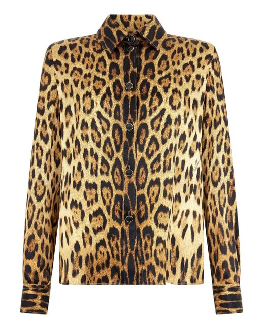 Roberto Cavalli Brown Jaguar-Print Button-Up Shirt