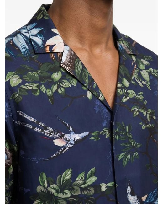 Orlebar Brown Blue Maitan Floral-Print Short-Sleeved Silk Shirt for men