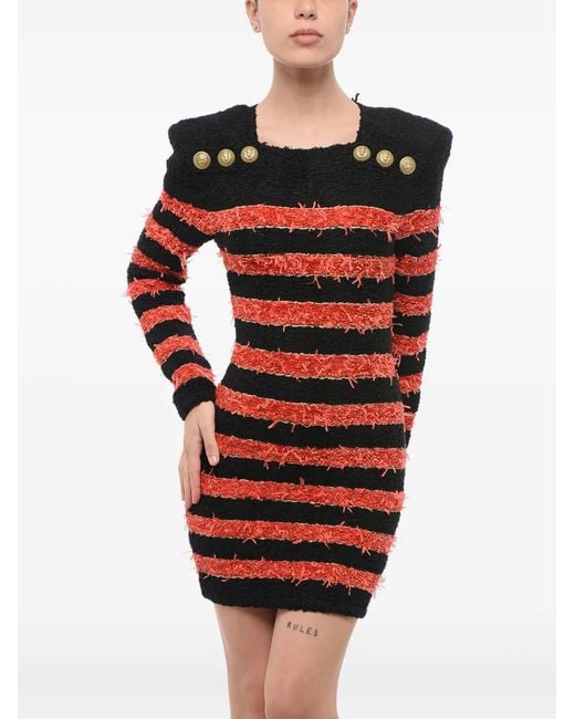 Balmain Red Striped Button-Detailed Dress