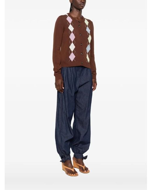 Ganni Brown Argyle-Pattern Button-Up Cardigan