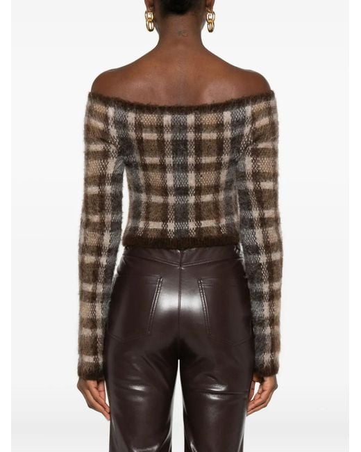 Nanushka Brown Off-Shoulder Check Cardigan