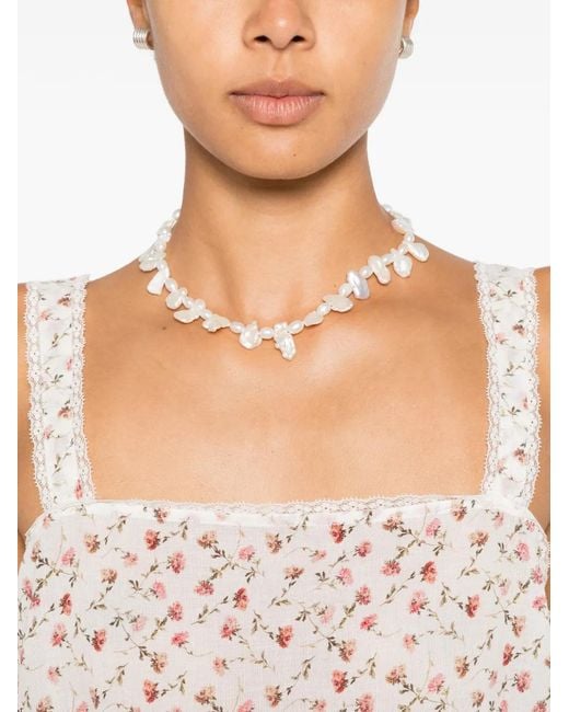 Posse White Charlotte Floral-Print Lace-Trim Cotton Tank Top
