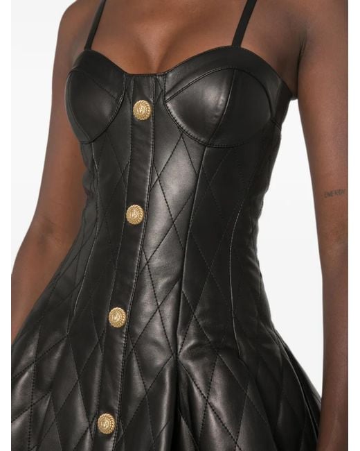 Balmain Black Quilted Leather Mini Dress