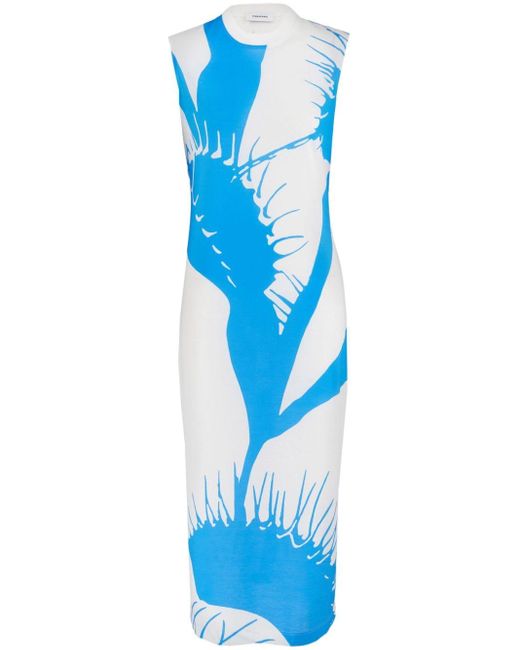 Ferragamo Blue Cactus-print Sleeveless Midi Dress