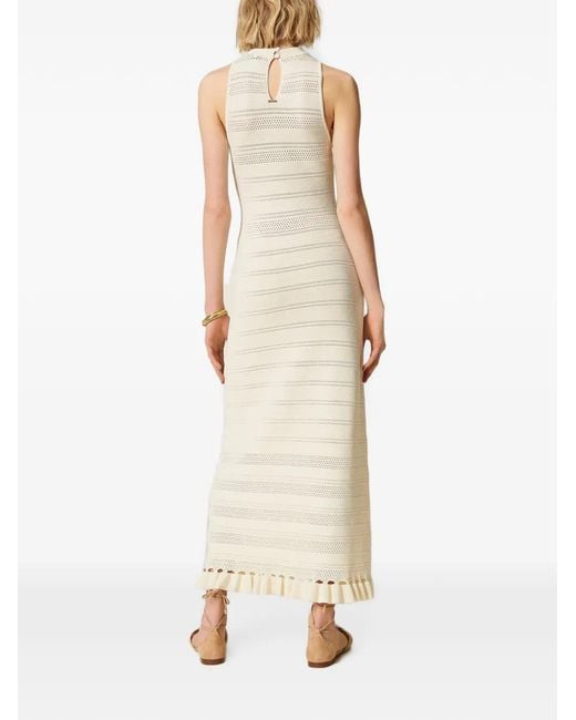 Twinset White Long Turtleneck Knit Dress With Ruffles