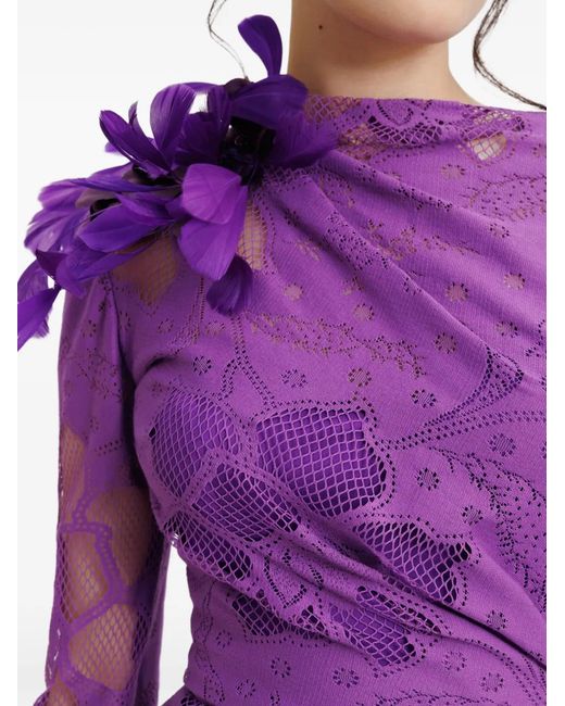 Gemy Maalouf Purple Flower-Lace Midi Dress