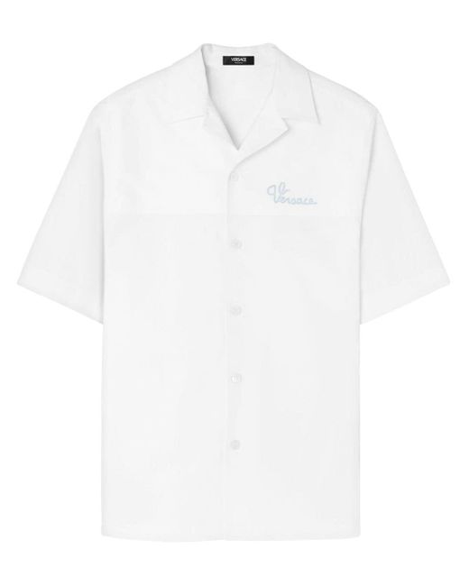Versace White Logo-embroidered Short-sleeve Shirt for men