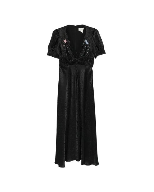 Saloni Black Lea Embellished V-Neck Midi Dress