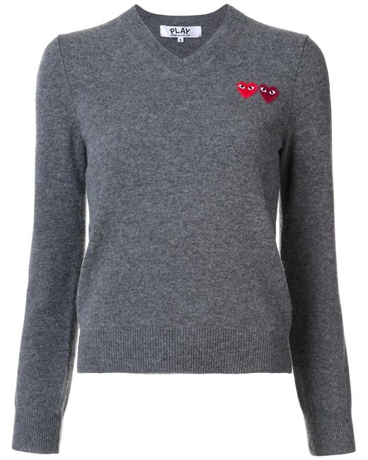 COMME DES GARÇONS PLAY Gray Double Heart V-Neck Jumper