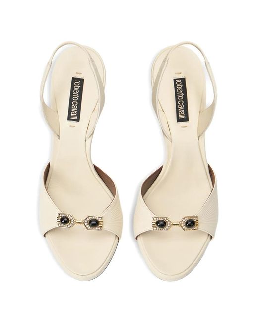 Roberto Cavalli White Jewelled-Buckle Snake-Detail Sandals