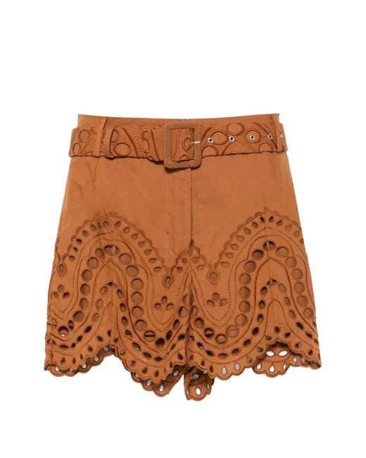Charo Ruiz Brown Dune Broderie-Anglaise Belted Shorts