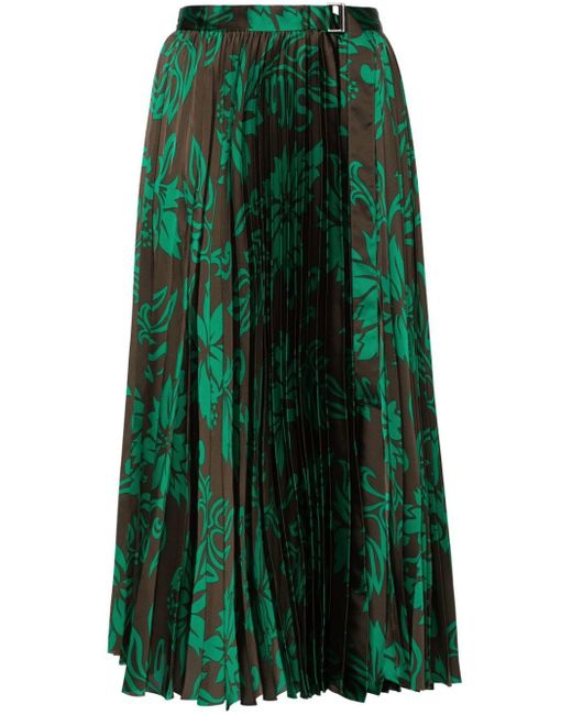Sacai Green Floral-print Pleated Midi Skirt