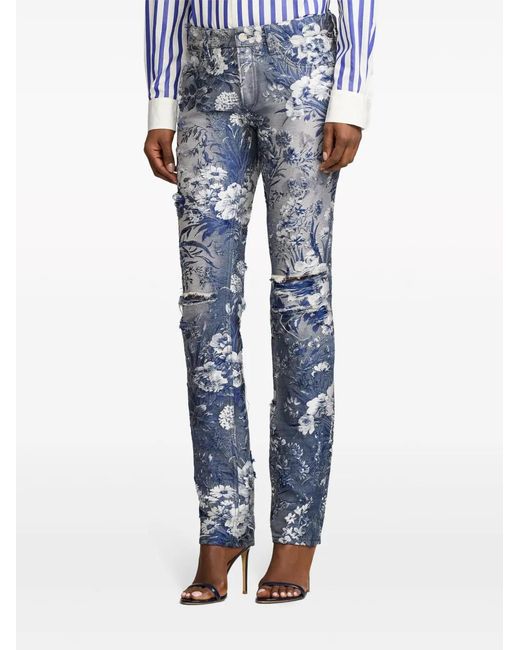 Ralph Lauren Blue 160 Distressed Floral-Jacquard Jeans