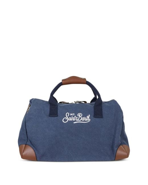 Mc2 Saint Barth Blue Logo-Embroidered Leather-Trim Holdall for men