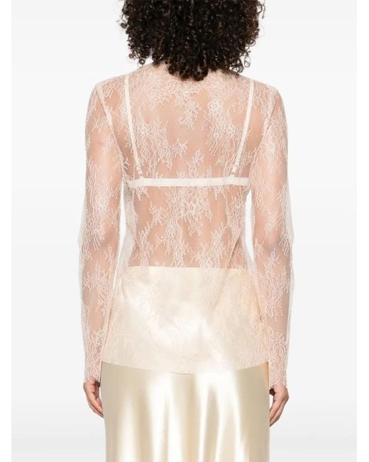 Alberta Ferretti Natural Lace-Trimmed Long-Sleeve Top