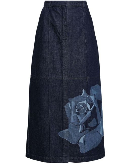 KENZO Blue Floral-print Denim Maxi Skirt