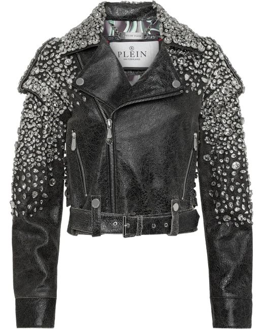 Philipp Plein Black Leather Cropped Jacket