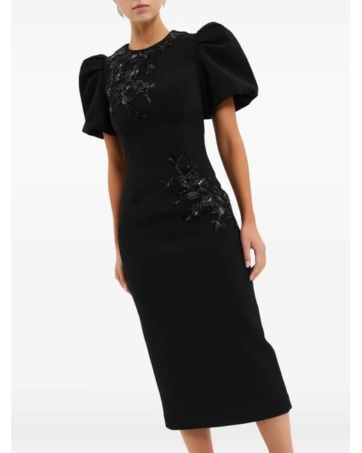 Rebecca Vallance Black Livia Puff-Sleeve Midi Dress