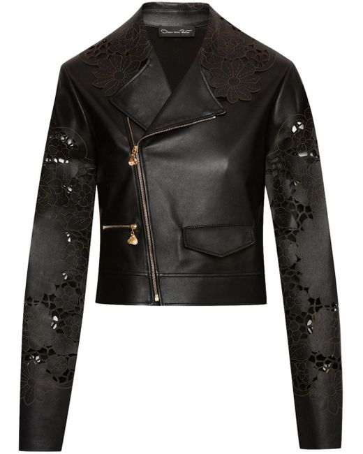 Oscar de la Renta Black Laser-cut Floral Leather Jacket