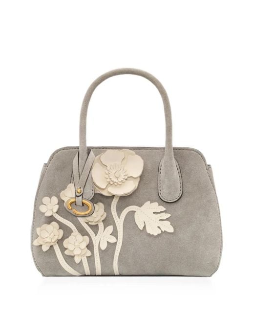Oscar de la Renta White Mini Ivy Floral-Appliqué Suede Tote Bag