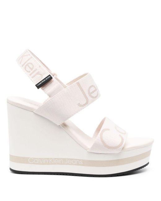 Calvin Klein Jacquard-logo 120mm Wedge Sandals in White | Lyst