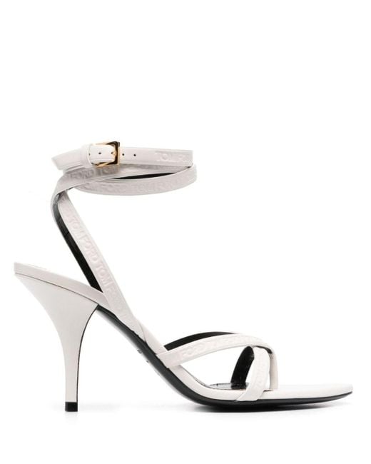 Tom Ford Logo-embossed Heeled Leather Sandals in White | Lyst