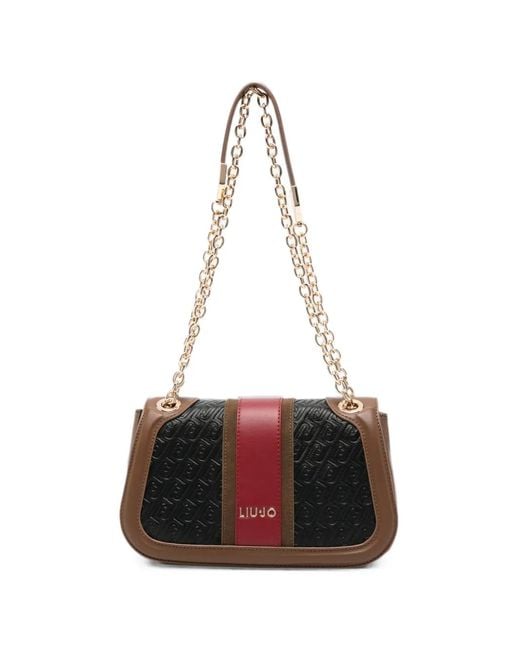 Liu Jo White Monogram-Embossed Stripe-Detail Shoulder Bag