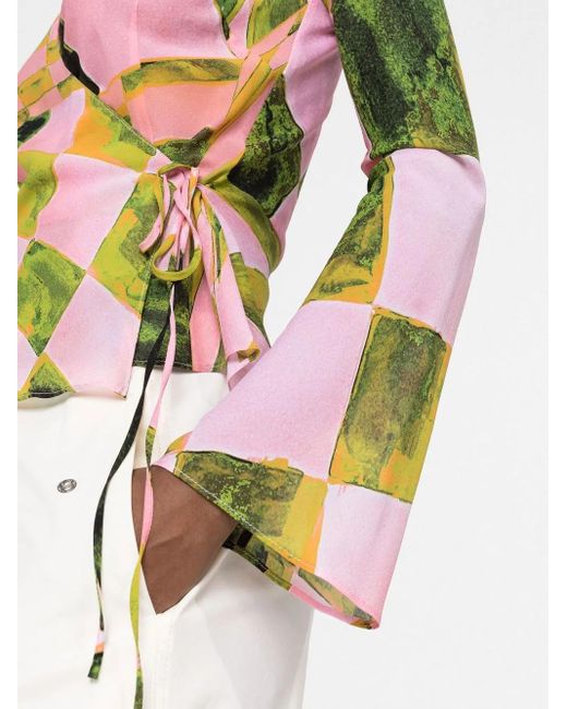 Louisa Ballou Pink Graphic-Print Silk-Blend Wrap Blouse