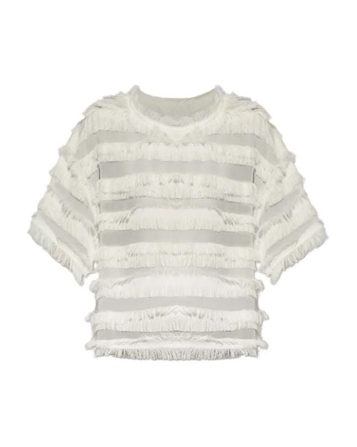 Munthe White Fringe-Trimmed Sheer T-Shirt
