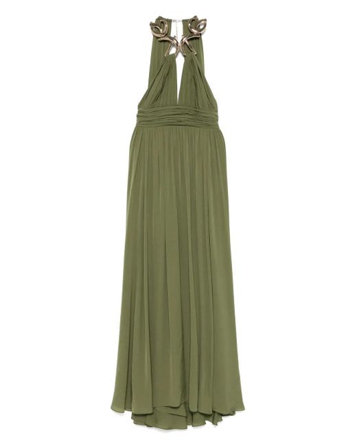 Elie Saab Green Metallic-Neck Silk Maxi Dress