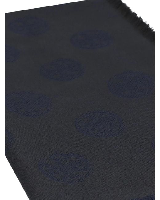 Tory Burch Blue Logo-Pattern Frayed-Edge Scarf